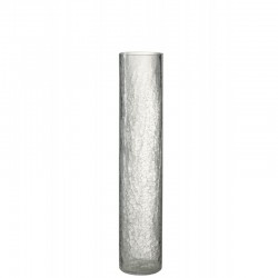 Vase cylindrique semi craquelé en verre transparent 10x10x50 cm