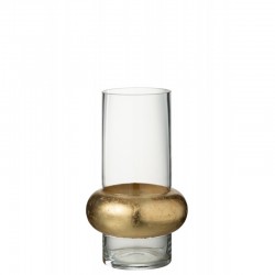 Jarrón cilíndrico con anillo dorado de vidrio transparente de 14x14x25 cm