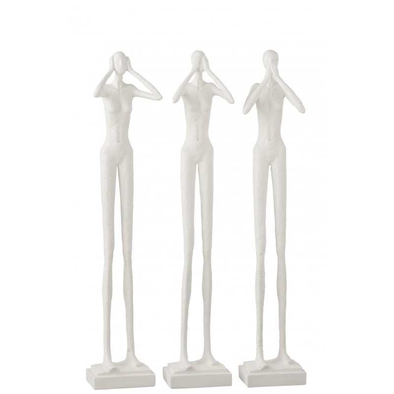 3 figurines en résine blanche représentant les sens « Ouïe, Vue, Parole »
