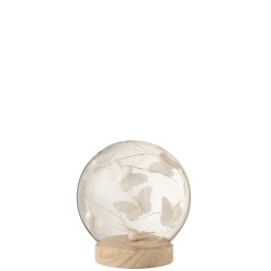 Boule avec papillons et led en verre blanc 13x13x13 cm