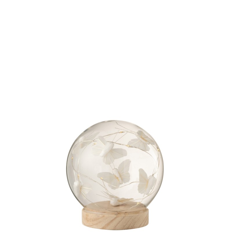 Boule avec papillons et led en verre blanc 13x13x13 cm