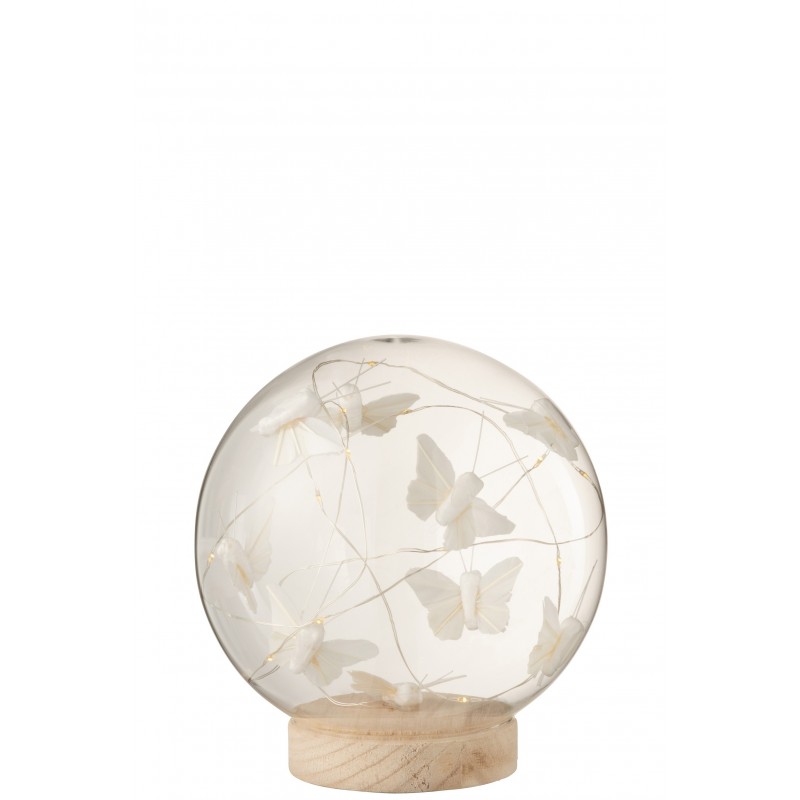 Boule avec papillons et led en verre blanc 15x15x16 cm