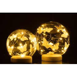 Campana bola led mariposas cristal/madera blanco/natural Alt. 16 cm