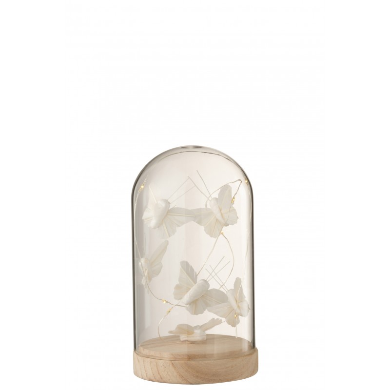 Cloche avec papillons et led en verre blanc 9x9x17 cm