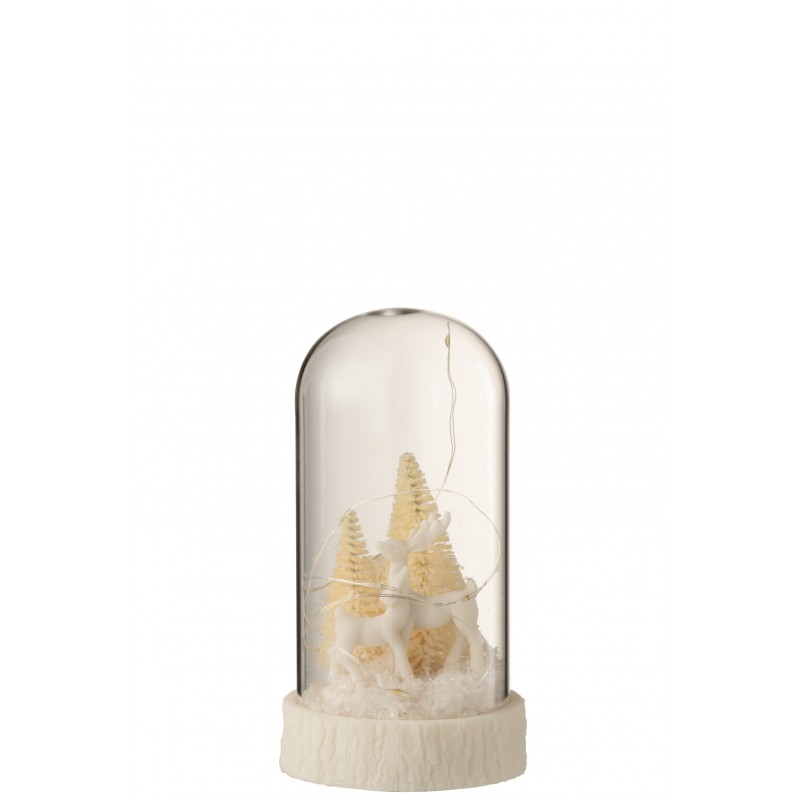 Cloche en verre sur socle bois avec cerfs de Noël en résine et avec led