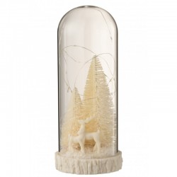 Cloche en verre sur socle bois avec cerfs de Noël en résine et avec led