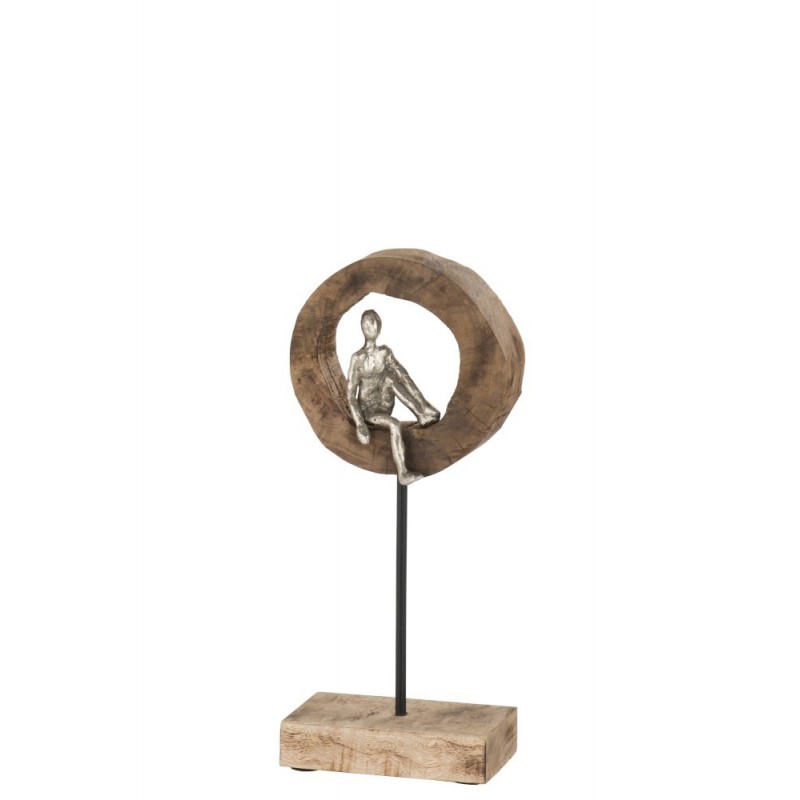 Personnage aluminium sur socle dans bois naturel 18x9x39 cm