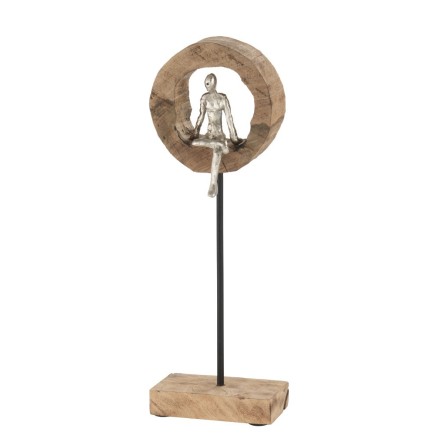Personnage aluminium sur socle dans bois naturel 18x11x48 cm