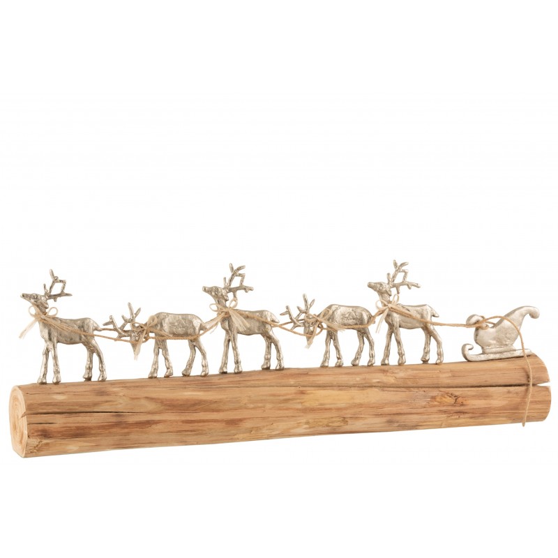 Traineau de Noël et ses rennes sur socle en bois de manguier