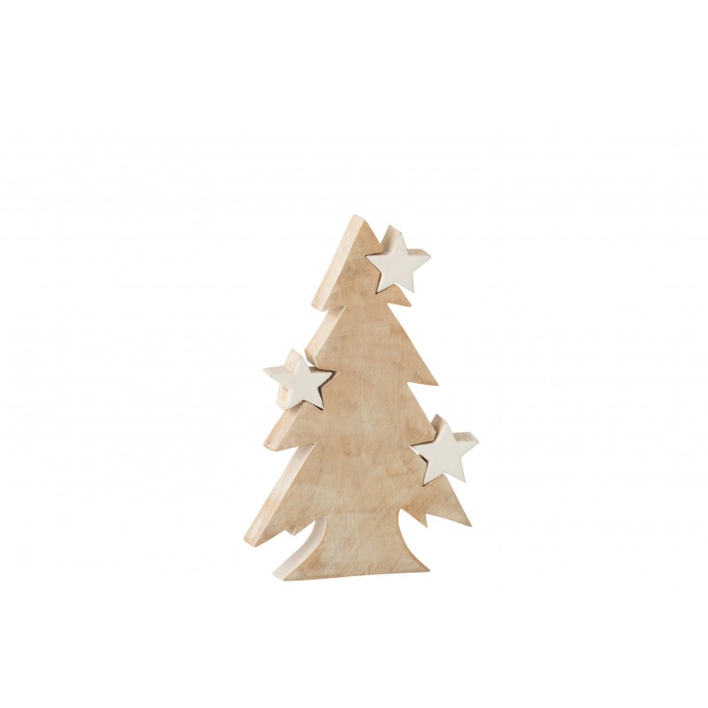 Sapin de Noël en bois de manguier naturel et étoiles blanches détachable