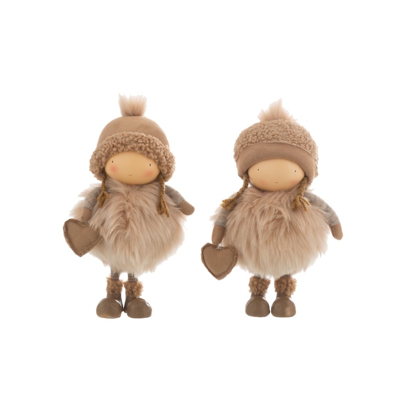 2 petites filles en résine et textile marron avec un coeur