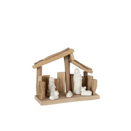 Belén de madera natural sencillo con figuras de madera natural de 25x10x20 cm