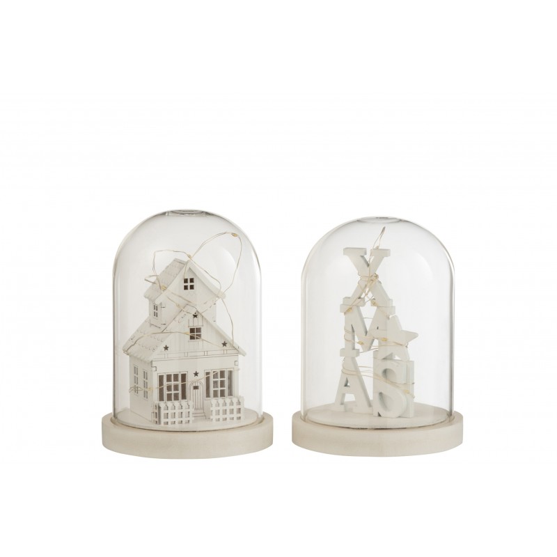 Assortiment de cloche avec décoration de Noël et led et socle blanc en bois blanc 13x13x17 cm